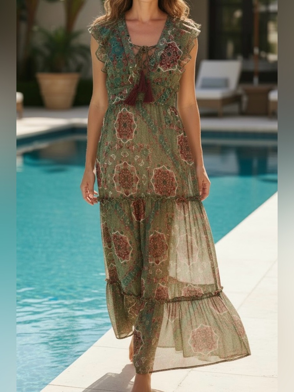 America & Beyond Boho Green Paisley Sheer Maxi Dress with Tassel Tie
